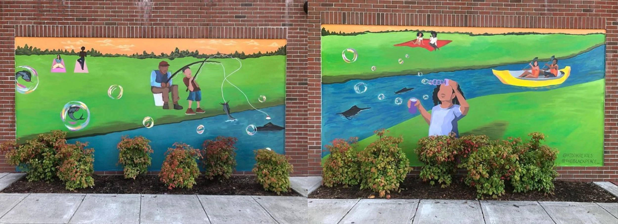 A Great Place To Be Outside, exterior paint, 5th Street Parking Deck, Greenville, NC, 2022. Collaboration with Rakia Jackson.