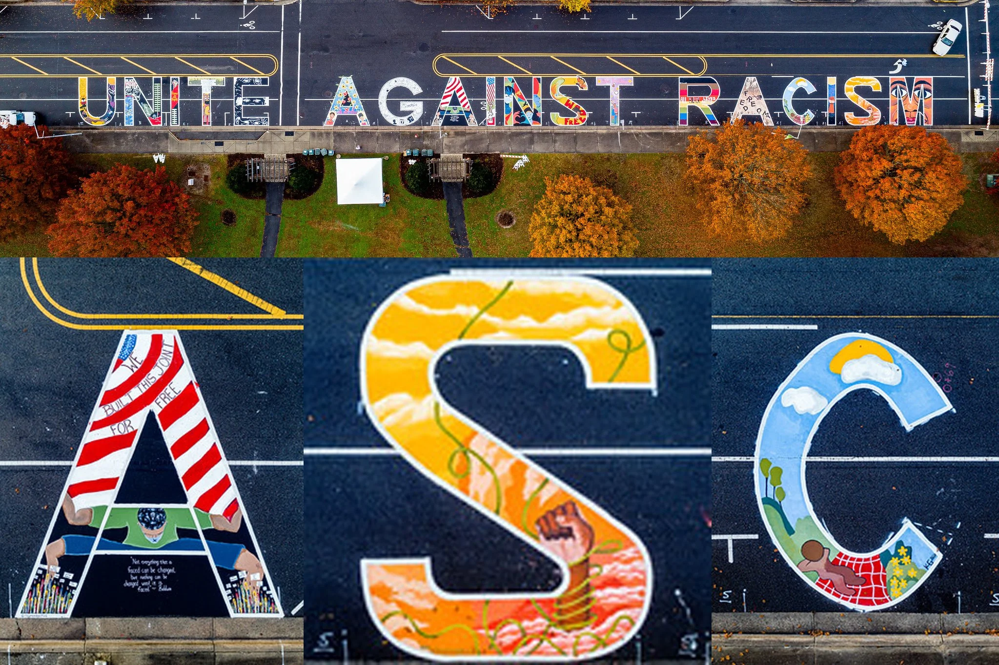 Unite Against Racism (Black Lives Matter / Black Voices Matter), 18 BIPOC Artists who created the Black Creatives of Pitt County, Greenville, NC, 2020, Letter A - Raymond Henderson, Letter S - Rakia Jackson, Letter C - Karena "Kidd" Graves