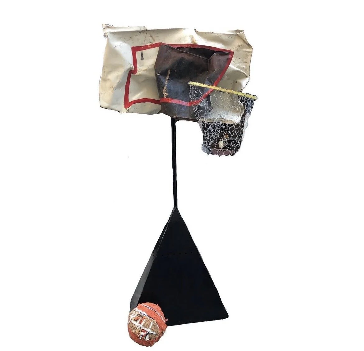 We're playing basketball, 69" x 30" x 22", repurposed steel, tufted yarn, foam, chicken wire, paint, 2023