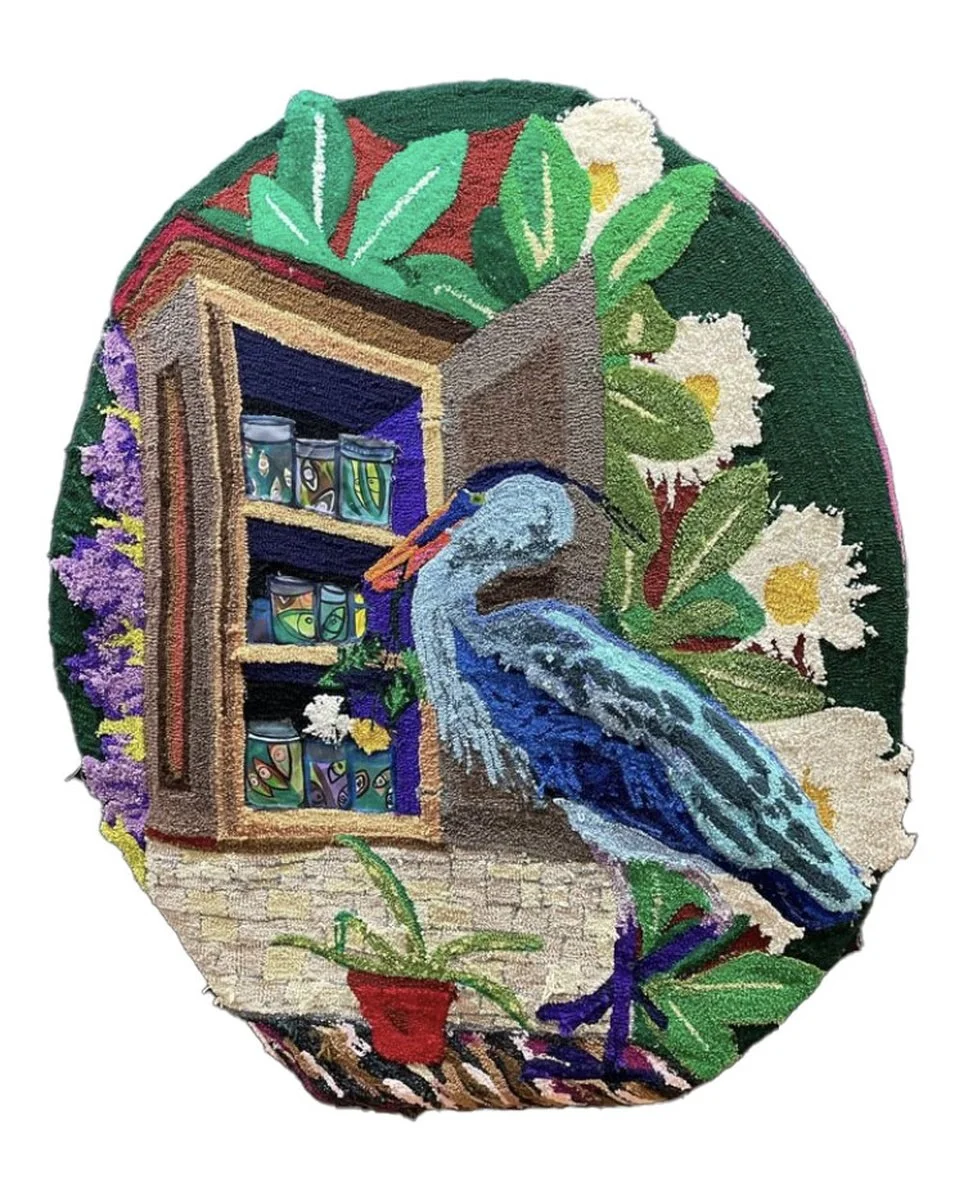 The Devils Doctor, 68" x 55", tufted yarn, resin embellishments, repurposed canvas, 2024