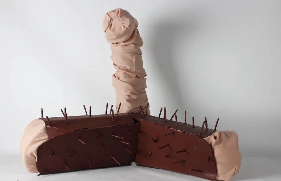 Oh, it's a Penis!, fabric, repurposed steel, 2018