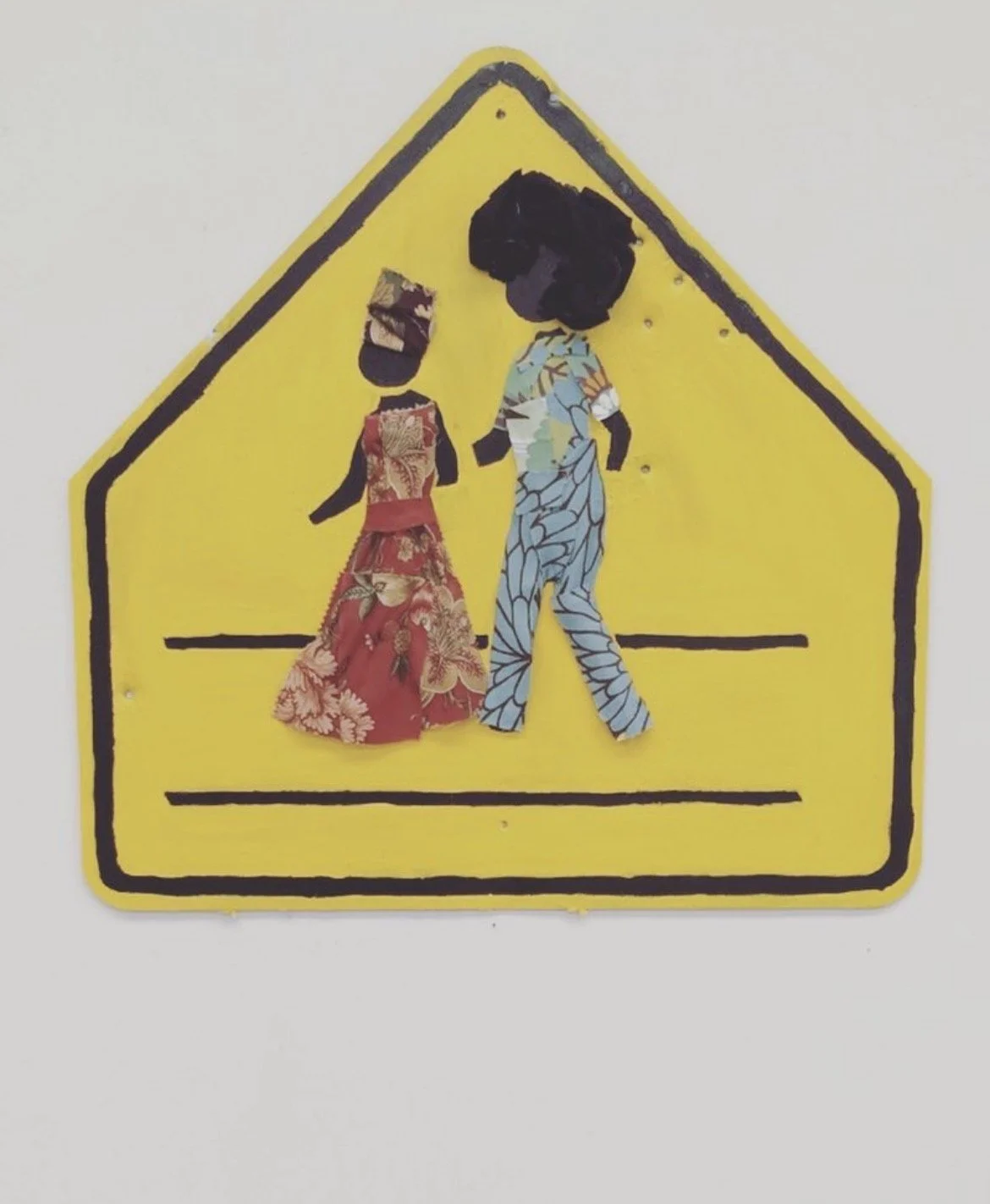 Queens Crossing, repurposed sign, fabric, 2016