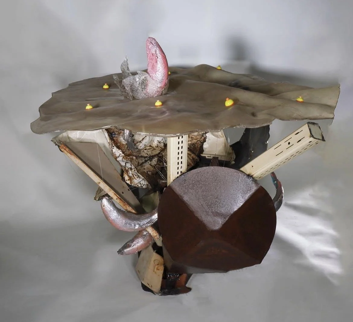 Fish Table: Who's Pregnant?, 42.5" x 44.5" x 53", plexiglass, fishing bobbers, resin, repurposed steel, spray foam castings, 2022