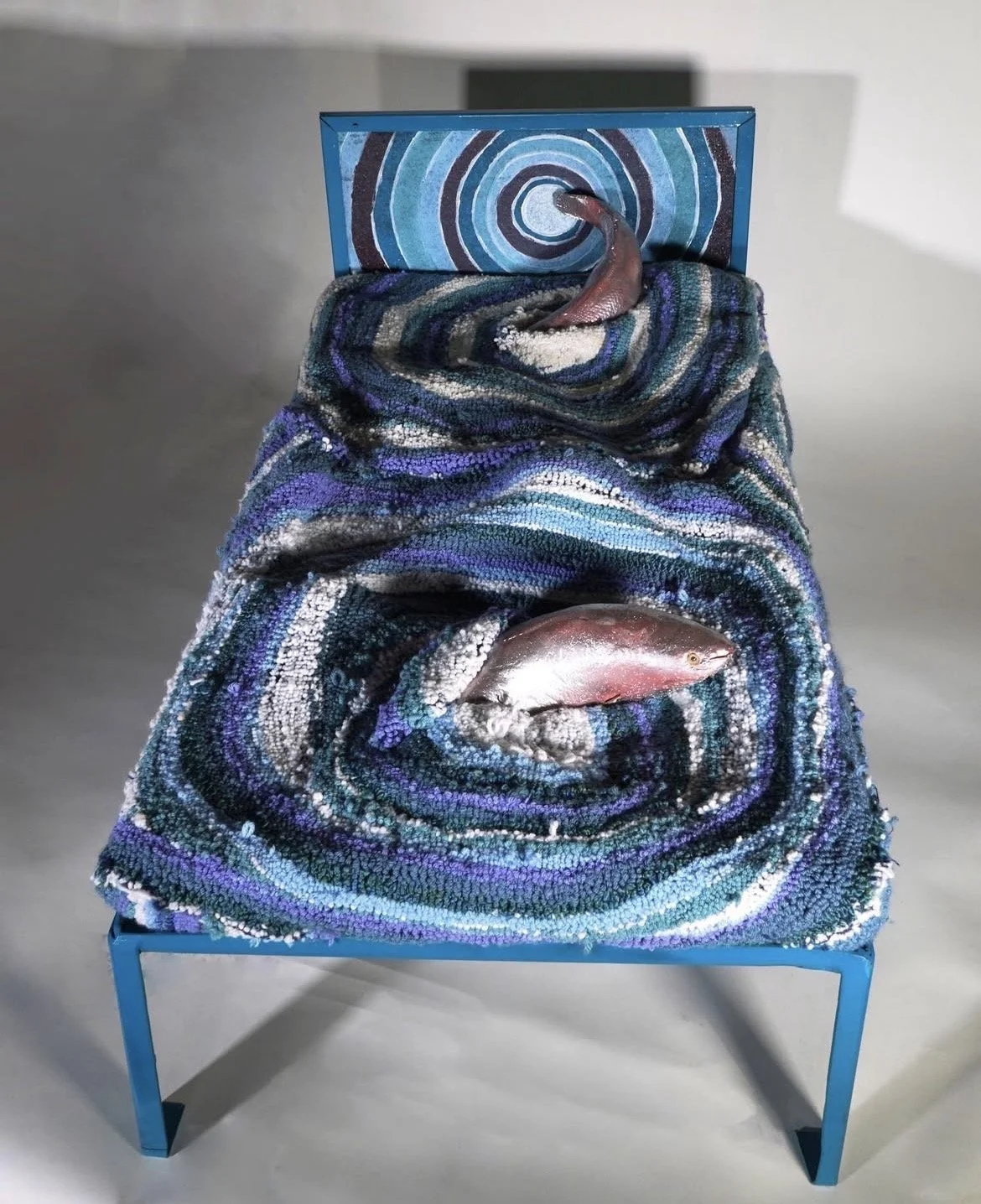 Mama's Fish Dream, 20.5" x 21.5" x 44", repurposed steel, tufted yarn, spray foam casting, paint, 2022