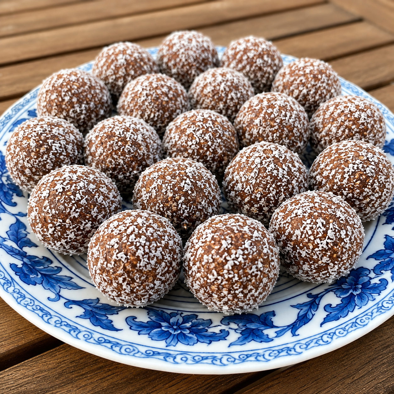 A blue and white ceramic plate filled with homemade chocolate protein balls rolled in shredded coconut, resting on a wooden table.