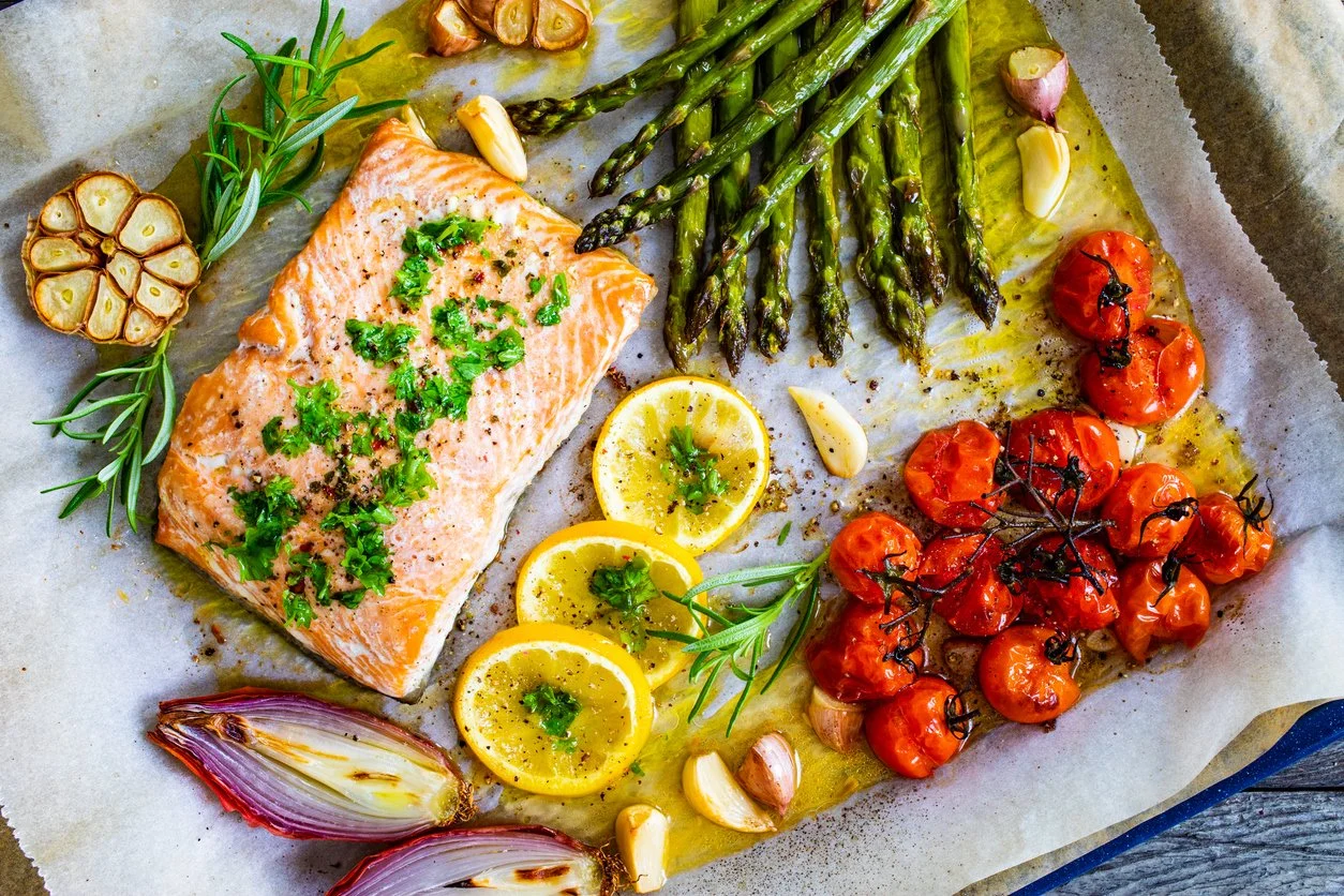 Tray Baked Salmon with Green Beans and Salsa Verde