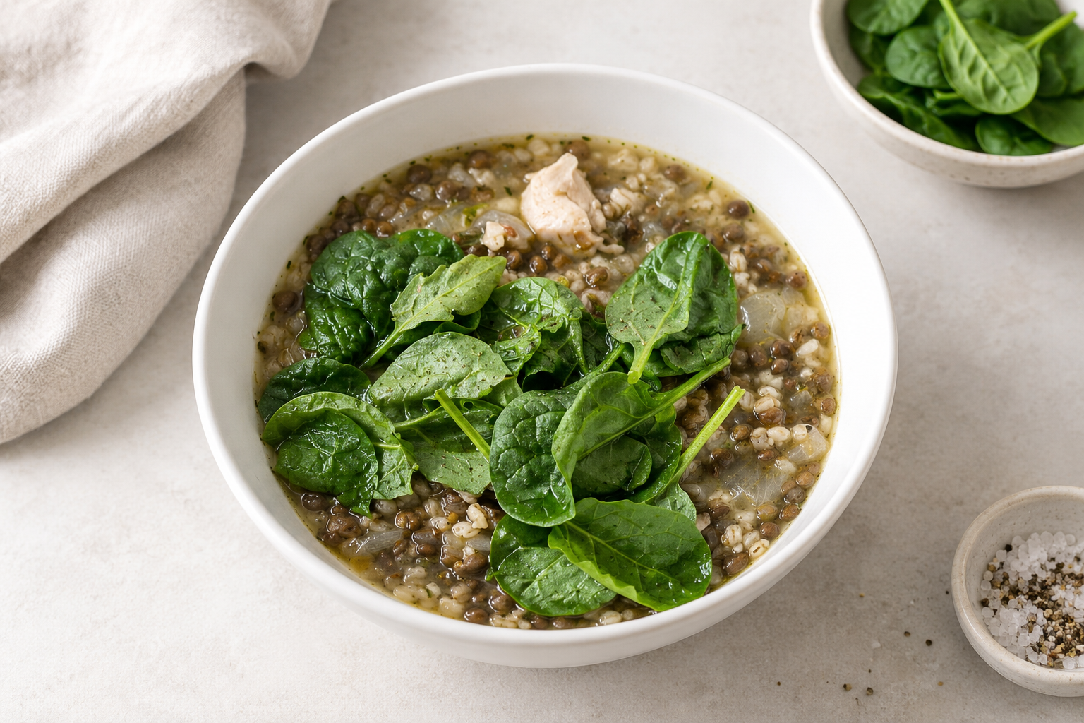 A ceramic bowl filled with hearty chicken, pearl barley, and brown lentil soup, topped with fresh baby spinach leaves.