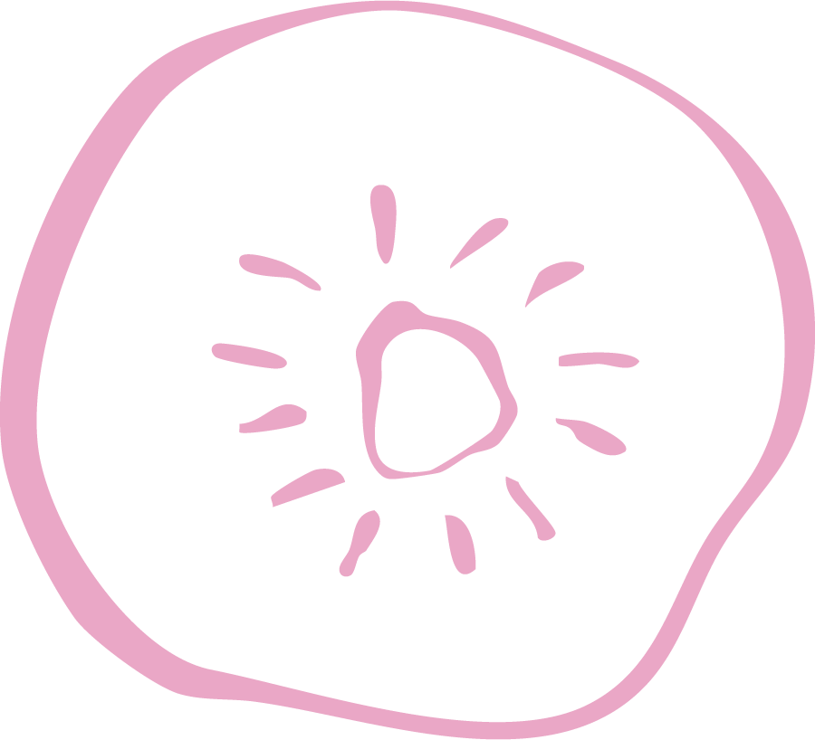 A stylized pink and black line drawing of a kiwi slice with the center and seeds visible. Designed for Balanced Nutrition Co