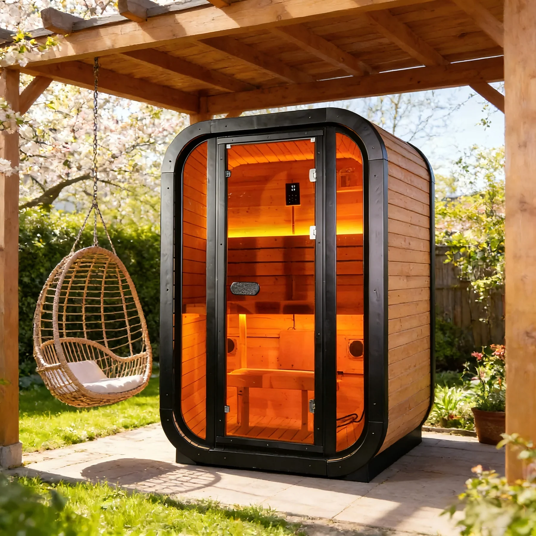 Outdoor Traditional Steam Sauna - Carbonized Spruce Wood, Tinted Glass