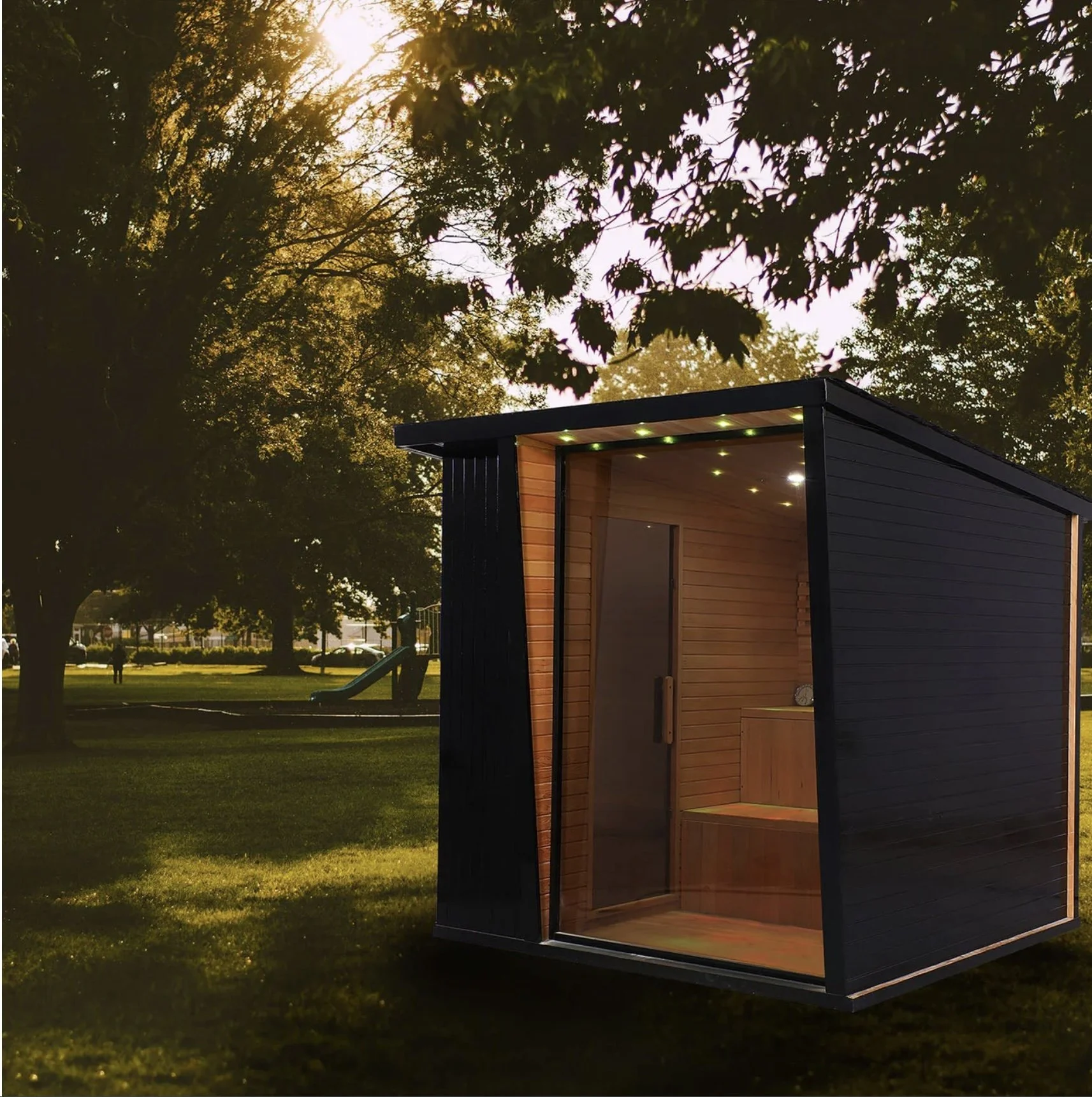 4-6 Person Black Square Traditional Steam Sauna with Red Cedar