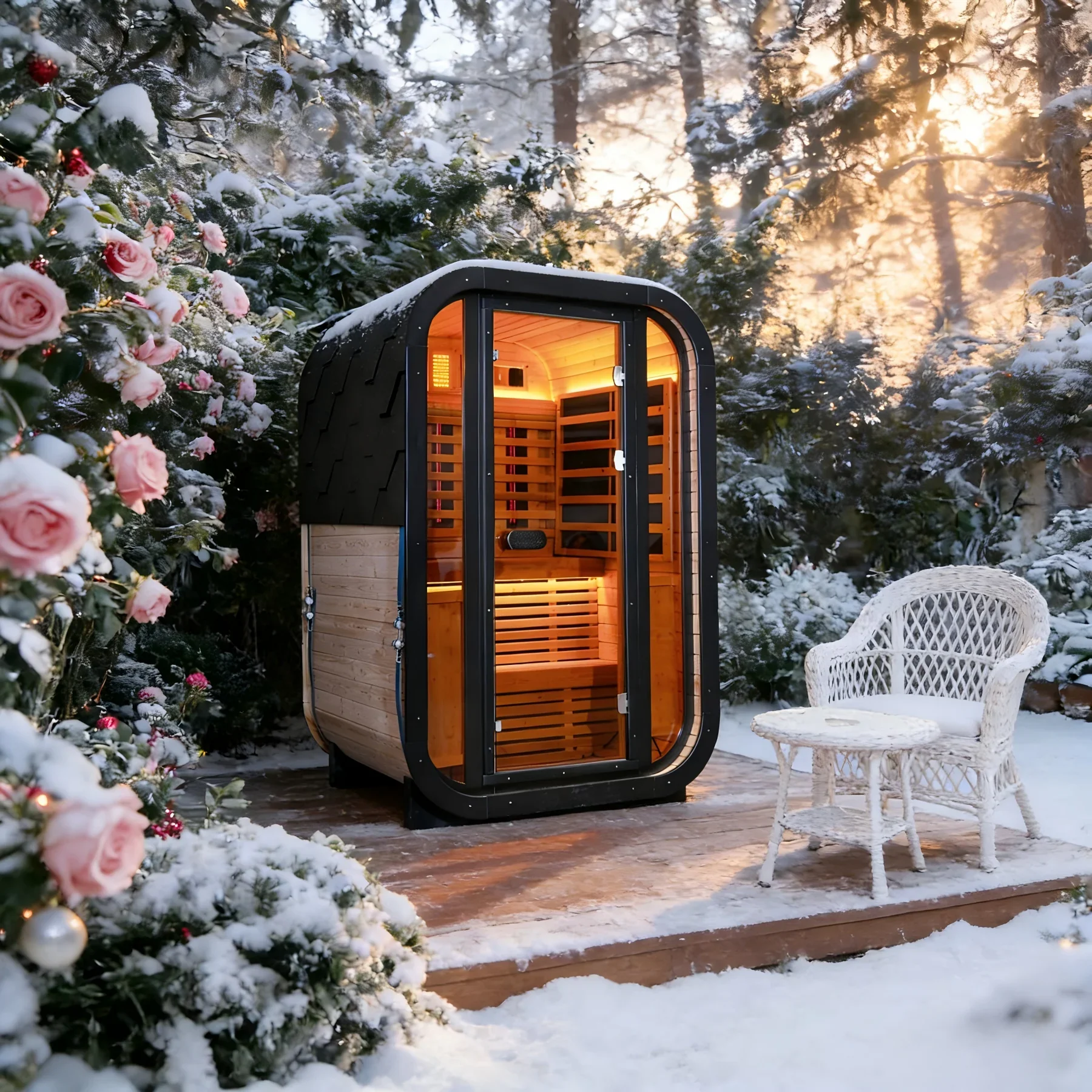 Outdoor Far Infrared Sauna - Carbonized Spruce, Dark Tea-Tinted Glass