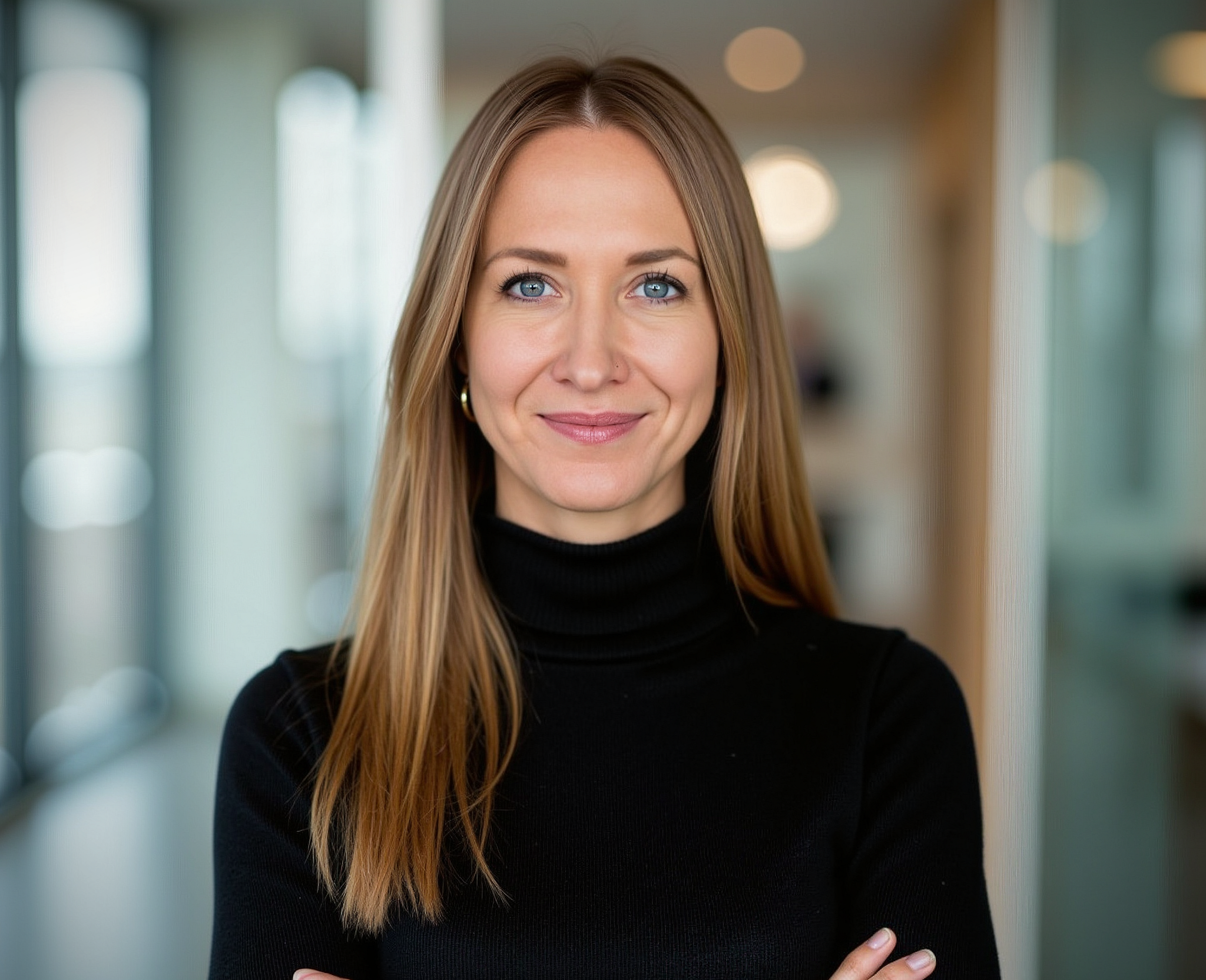 Portrait of a woman with long blonde hair, wearing a black turtleneck, smiling, in an indoor professional setting with blurred background.