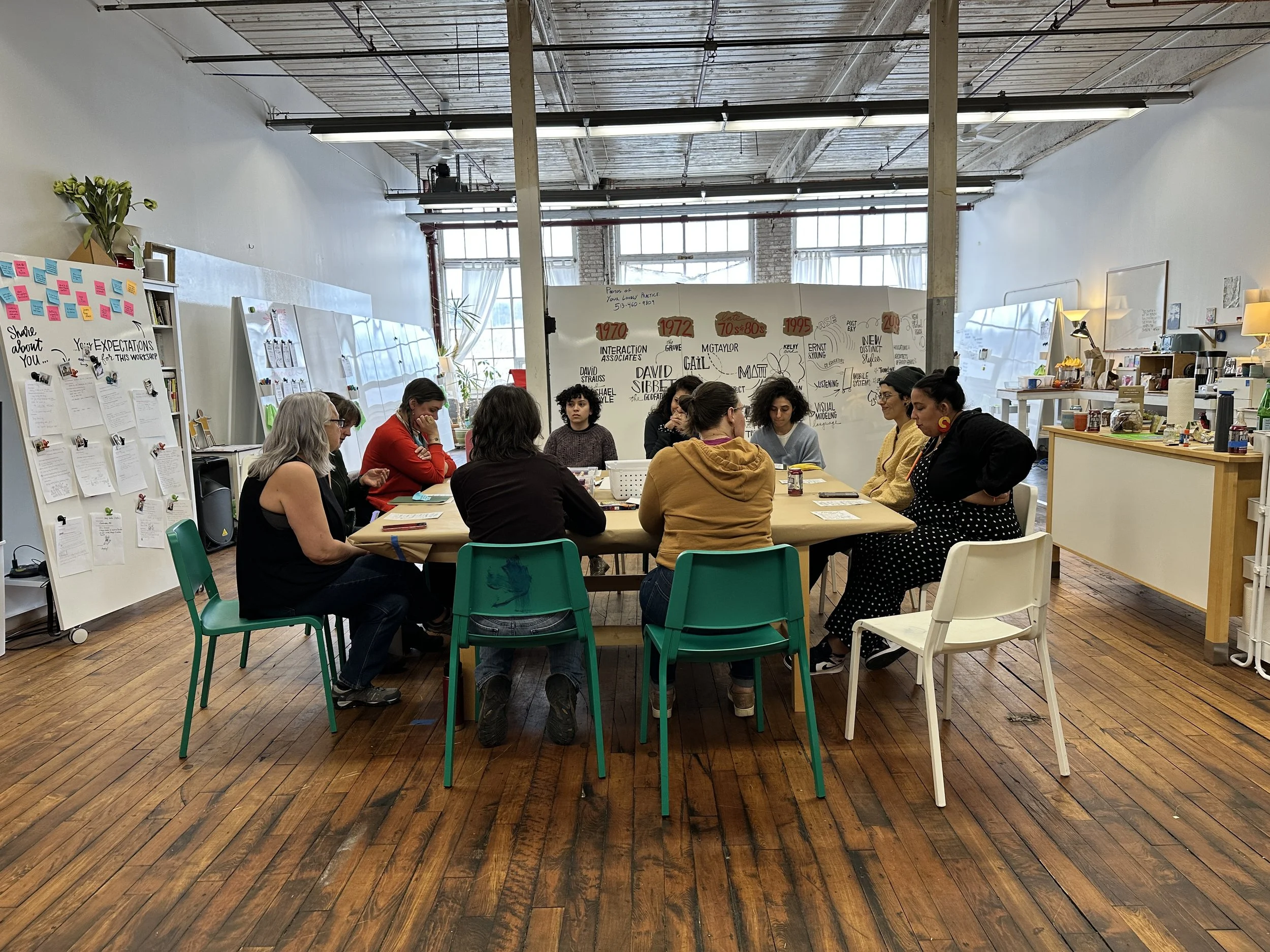 A group of nine people sitting around a large rectangular table in a bright, industrial-style room with wooden floors, white walls, large windows, and various whiteboards and posters on the walls, engaged in discussion or listening.