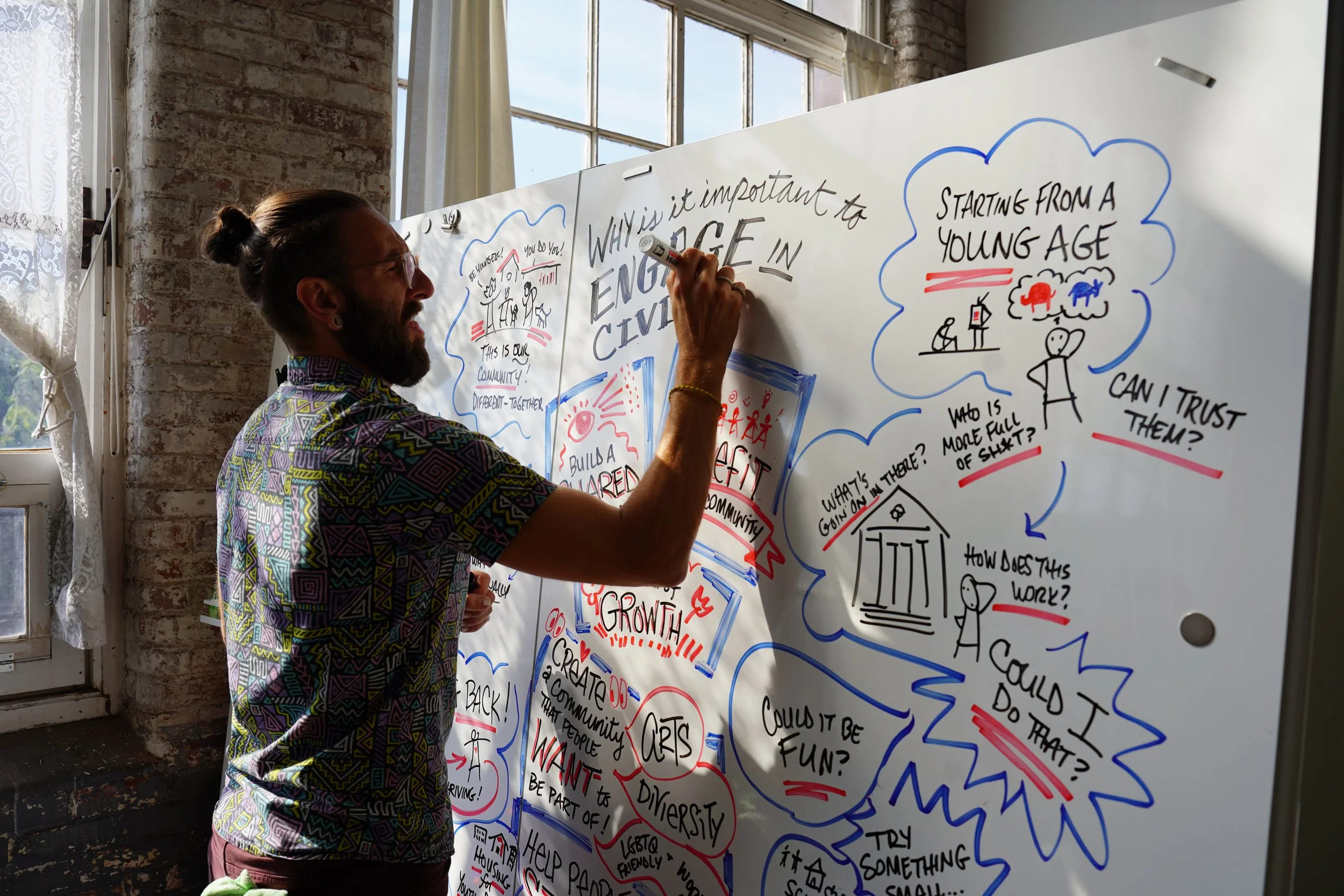 A person with glasses, a beard, and a man bun is writing on a large whiteboard filled with handwritten notes and doodles. The setting appears to be a bright room with large windows and brick walls.