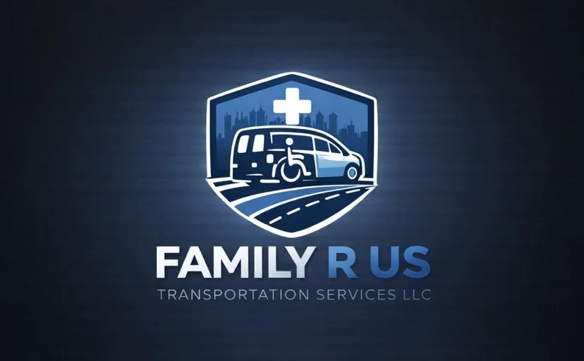 Logo for Family R Us Transportation Services LLC featuring a medical cross, a van, a wheelchair, and a city skyline background.