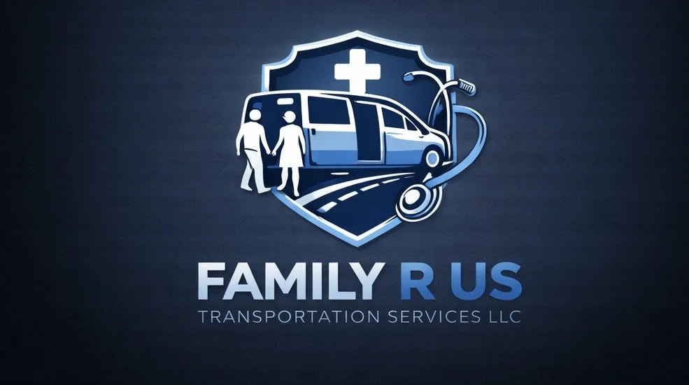 Logo for Family R Us Transportation Services LLC with a medical cross, a vehicle, two people holding hands, and a stethoscope.