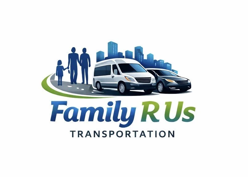 Logo for Family R Us Transportation showing a family, an urban skyline, and cars.