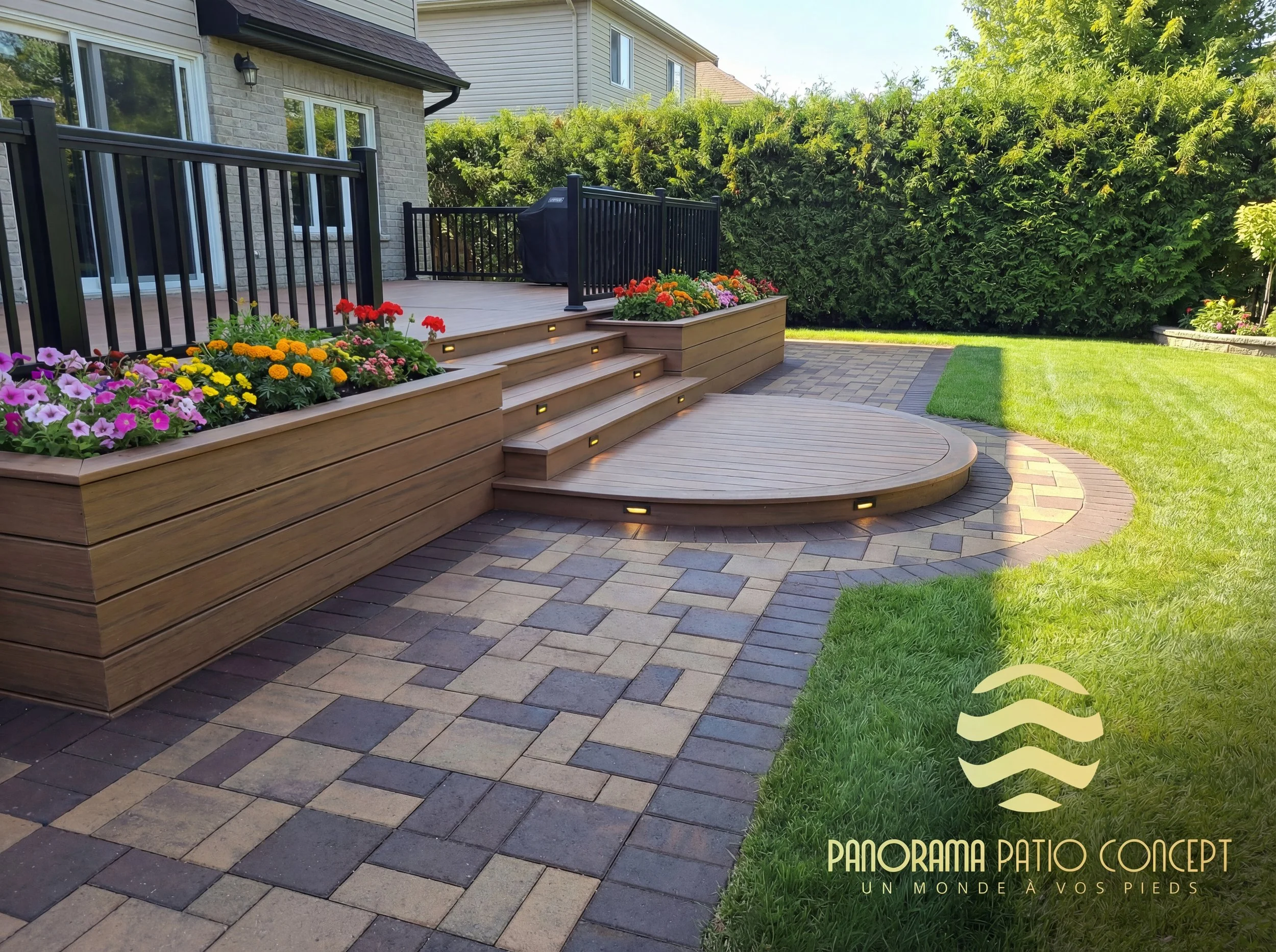 Un patio en pierre avec des marches en bois menant à une terrasse, entouré de fleurs colorées et de pelouse verte, avec un logo en bas à droite indiquant 'Panorama Patio Concept'.