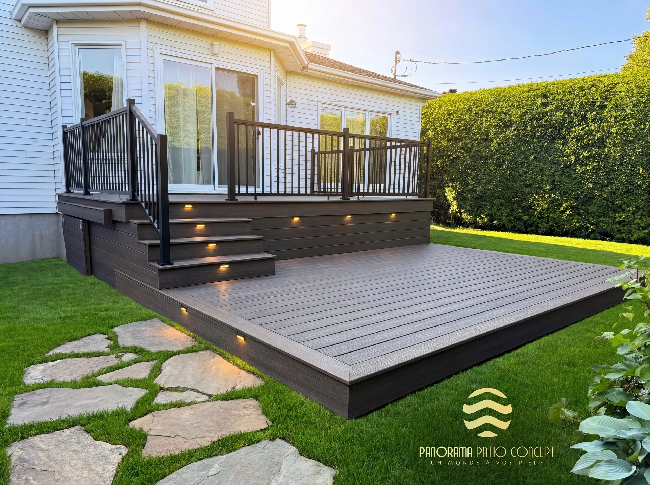 Une terrasse en bois noir avec des marches, éclairée par des lumières encastrées, relie une maison blanche à un jardin bien entretenu avec une pelouse verte et un chemin en pierre. Un grand volet vitré donne accès à la maison, et la scène est en plei