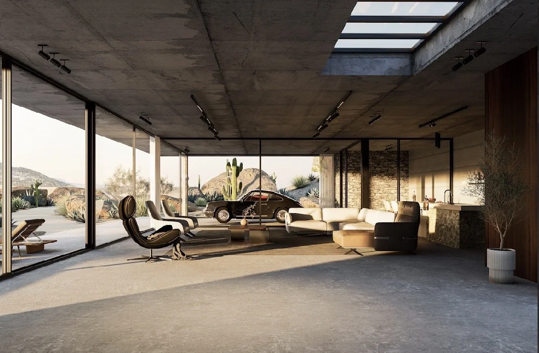 Modern living room with large glass windows showing desert landscape. window's in the ceiling lets in natural light. Leather chairs, a white sectional sofa, a car inside, separated by a glass window.
