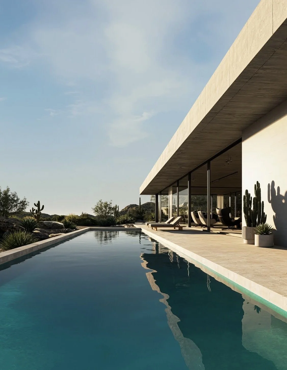 Modern house with a swimming pool, outdoor lounge chairs, and desert plants like cacti, under a blue sky.