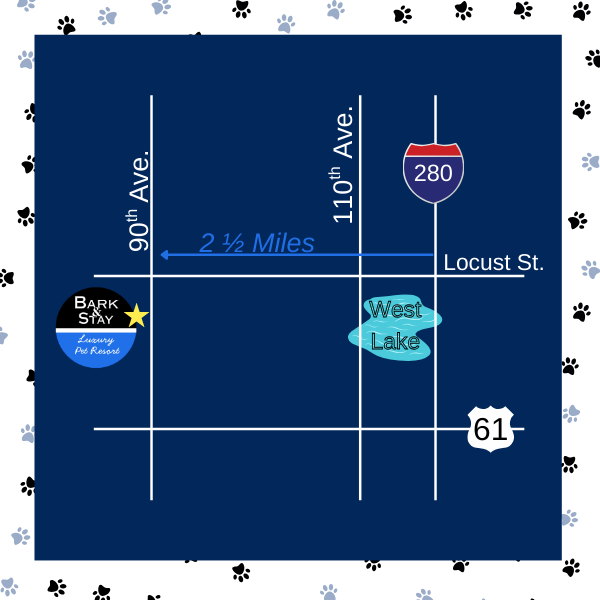Map of a location showcasing streets, a lake, and specific landmarks. Streets include 90th Ave., 110th Ave., Locust St., and Highway 280. The map indicates 2.5 miles distance, with West Lake labeled near the center. A business called Bark Stay with a star icon is near the bottom left.