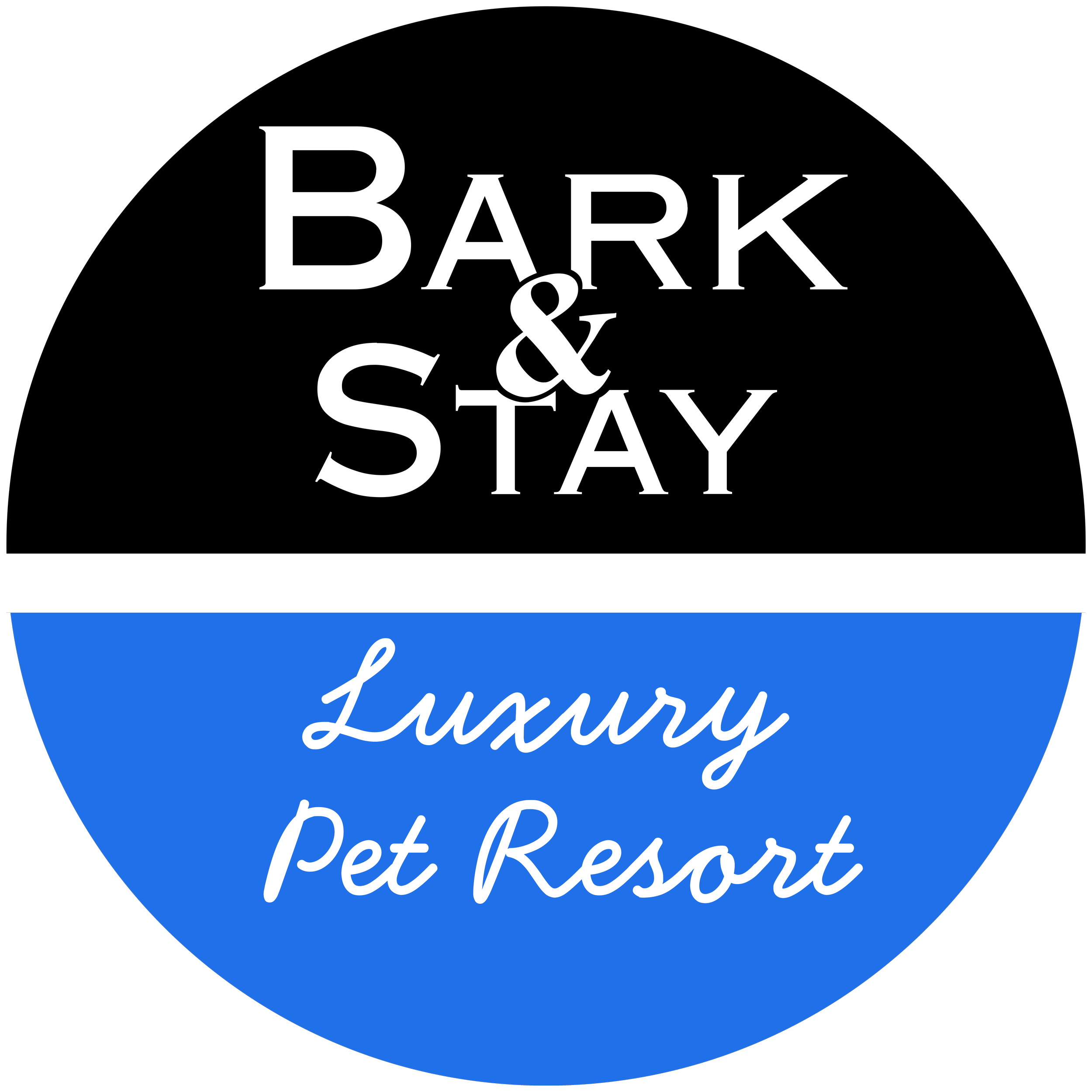 Logo with a blue shield shape displaying the text 'Relax, Unwind, Pet, Rest' in white cursive and modern fonts on a black background.