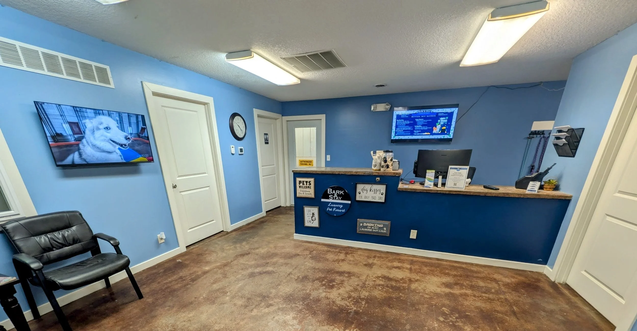 Reception area of a pet boarding facility with a counter, computer, TV screen, and pet-related signs on the wall.