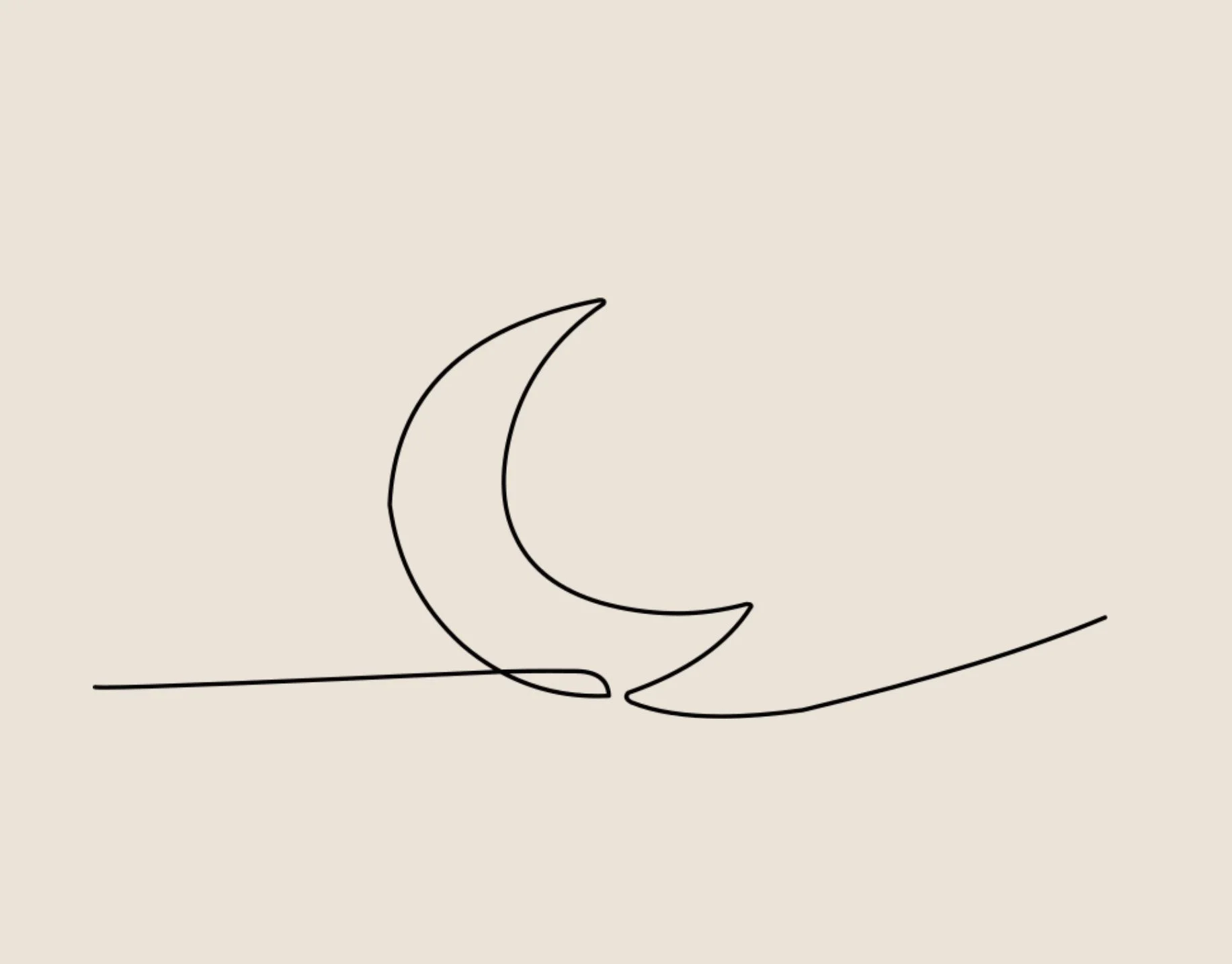 Minimalist line drawing of a crescent moon resting on a curved line against a beige background.