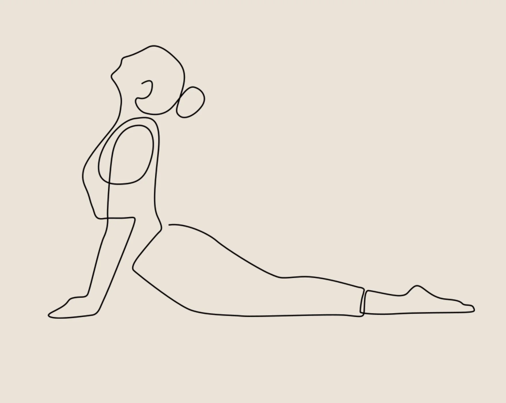 A minimalist line drawing of a woman in a yoga pose on a beige background.