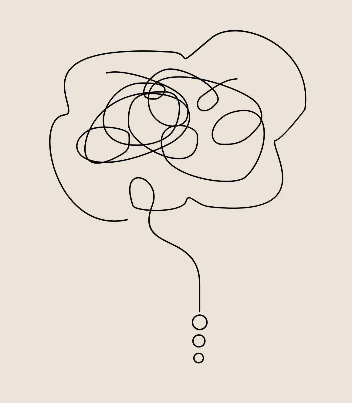 A simple continuous line drawing of a brain on a beige background.