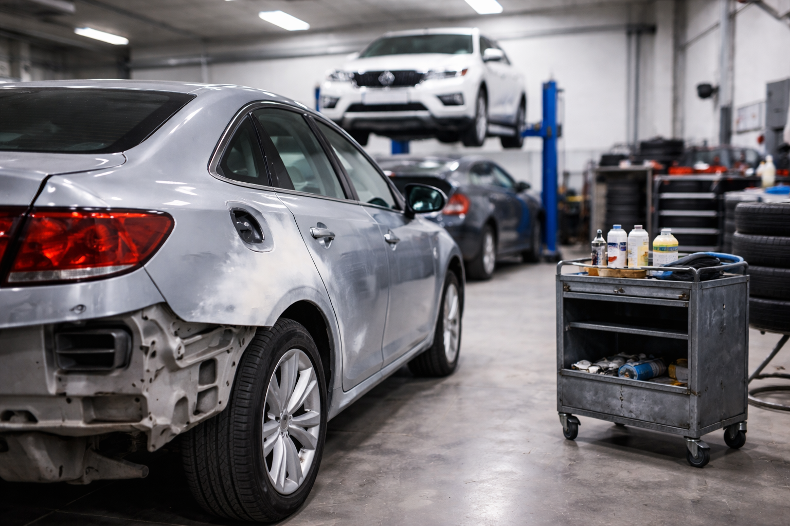 Automotive repair shop with damaged silver sedan in foreground and other cars, including one on a lift, in background; tools and car parts on a rolling cart.