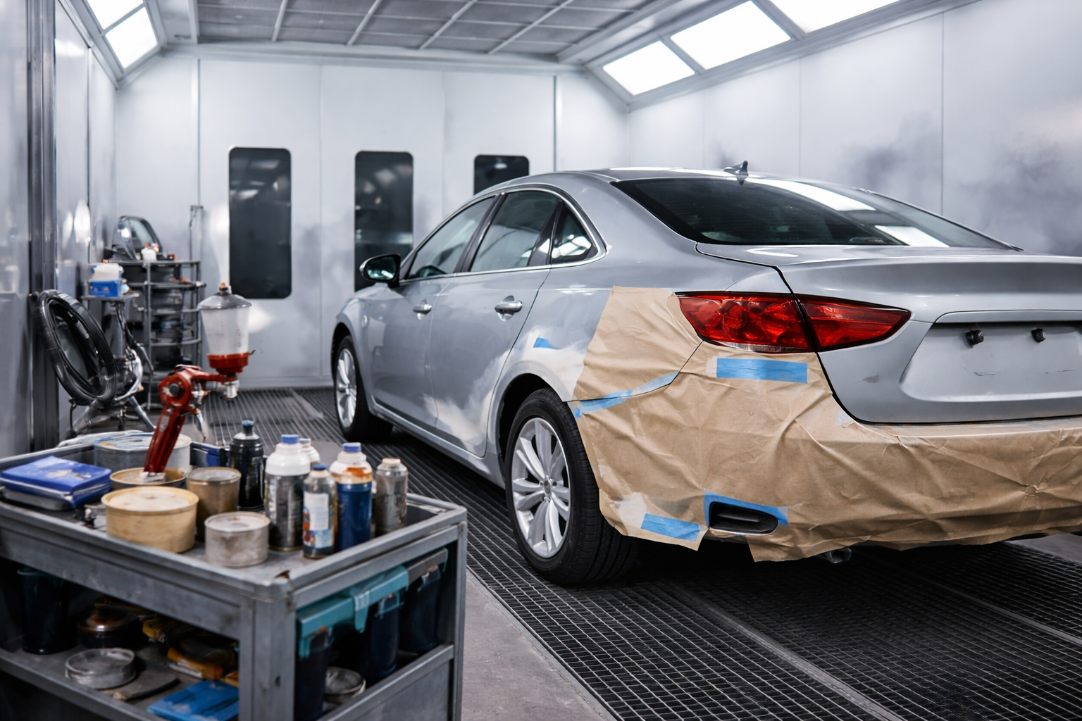 A silver car in a paint booth with masking paper on the rear quarter panel, surrounded by various tools and supplies on a metal cart.