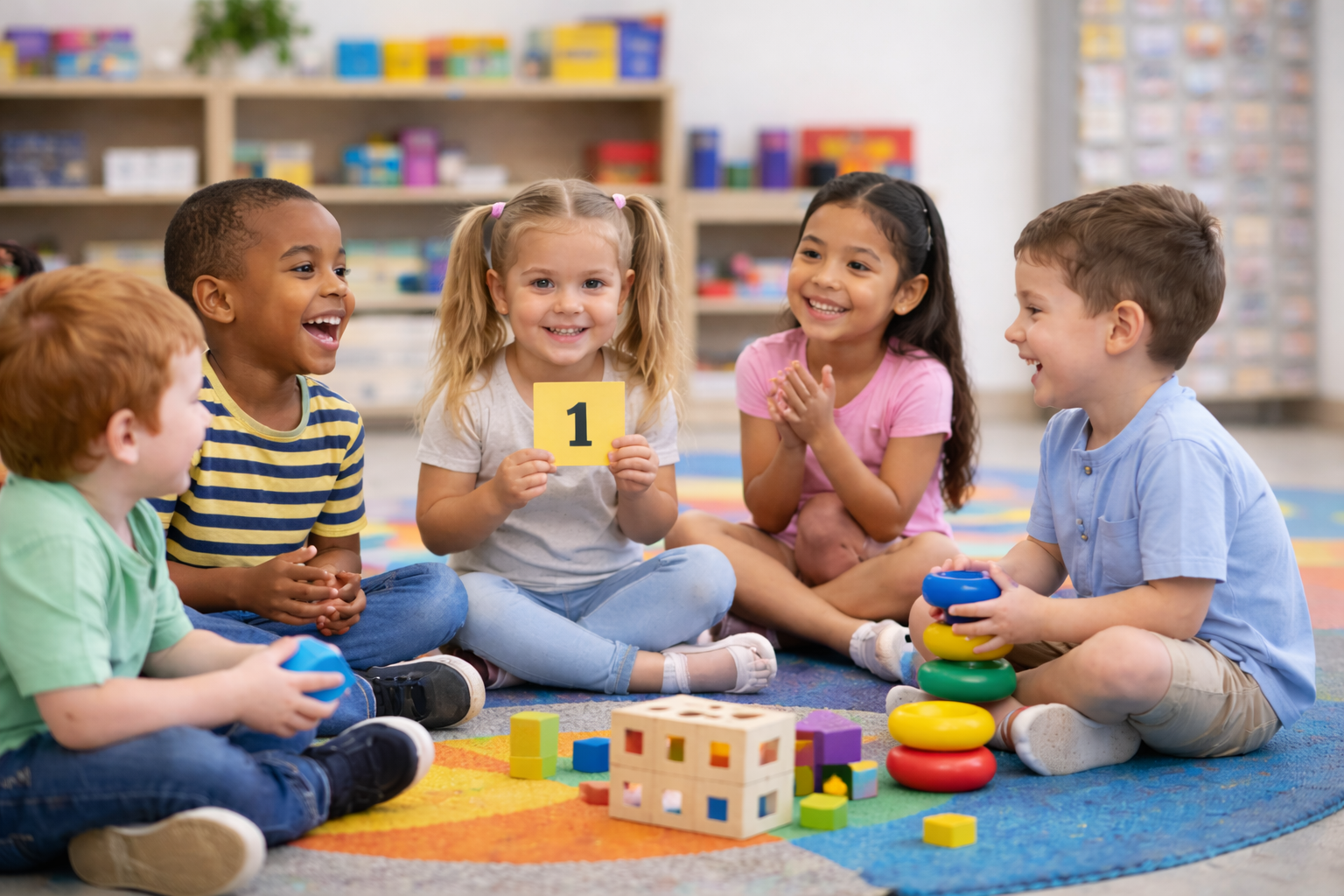 Group of five children sitting on a colorful rug in a classroom playing with toys and smiling.