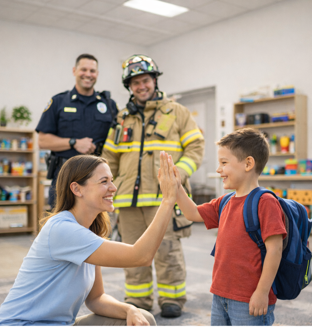 A woman and a young boy smiling and giving each other high five, with a firefighter and police officer in the background inside a classroom or community center.