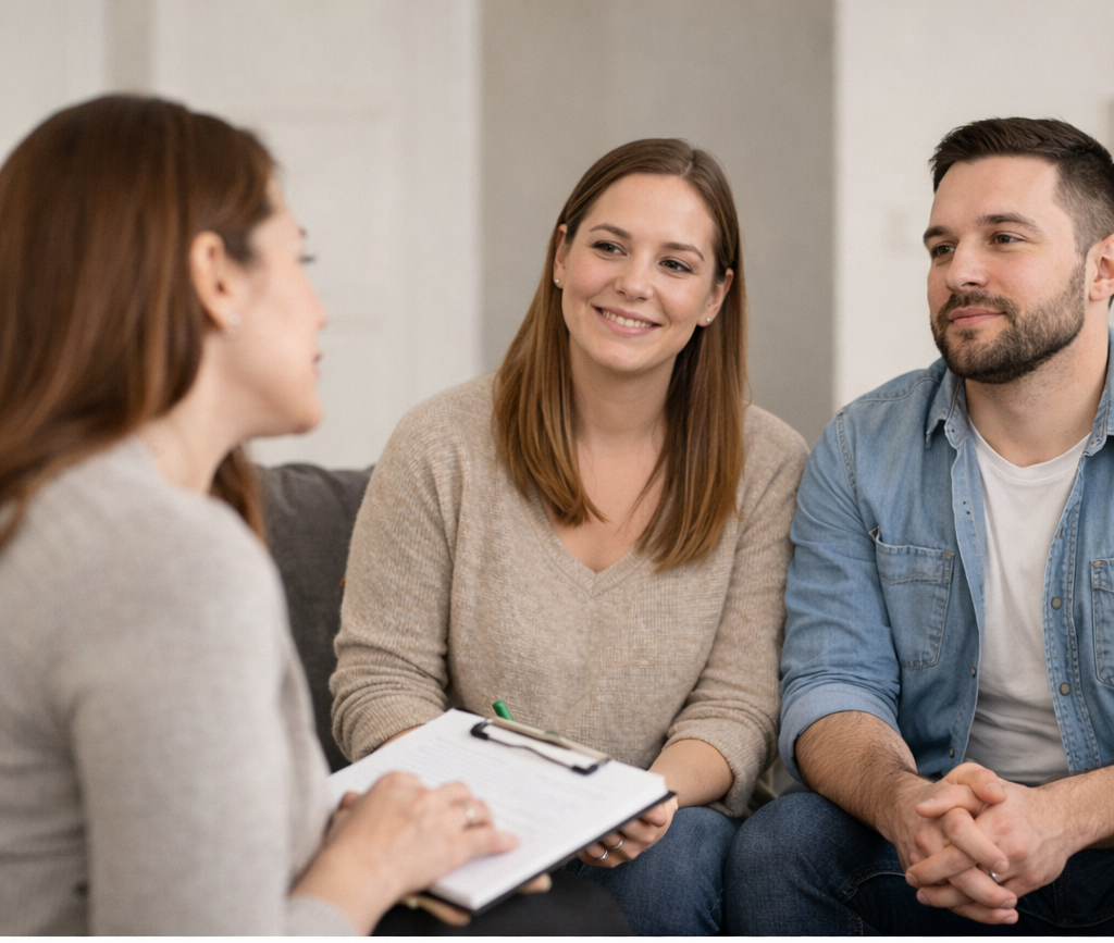 A woman with red hair and a beige sweater talking to a woman with brown hair and a beige sweater and a man with a beard and a blue denim shirt during a consultation or therapy session.