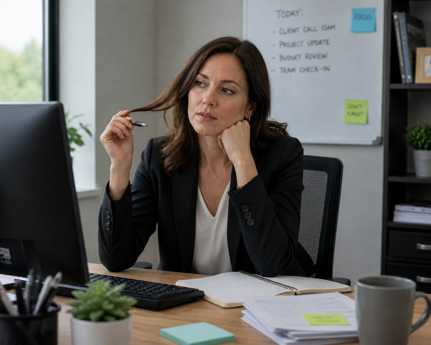 A professional woman with dark hair, sitting at a desk in an office, looking away thoughtfully.