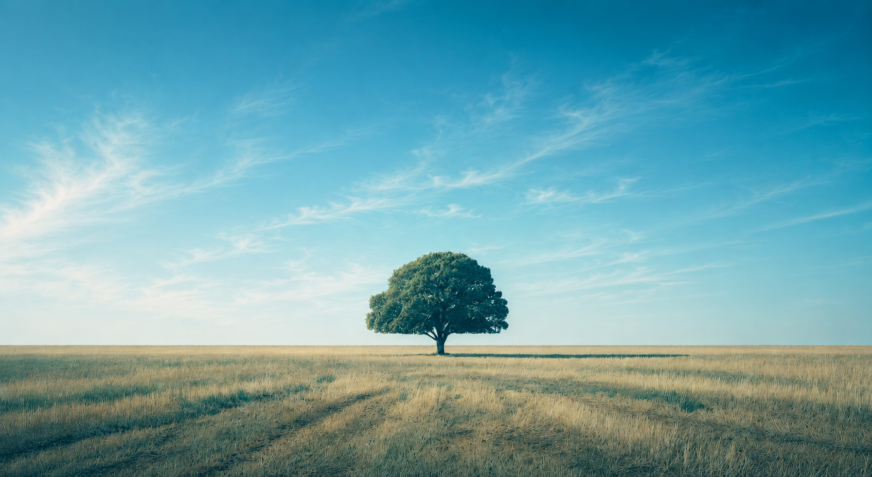 Hope and resilience represented by a large oak tree in a field with a blue sky background