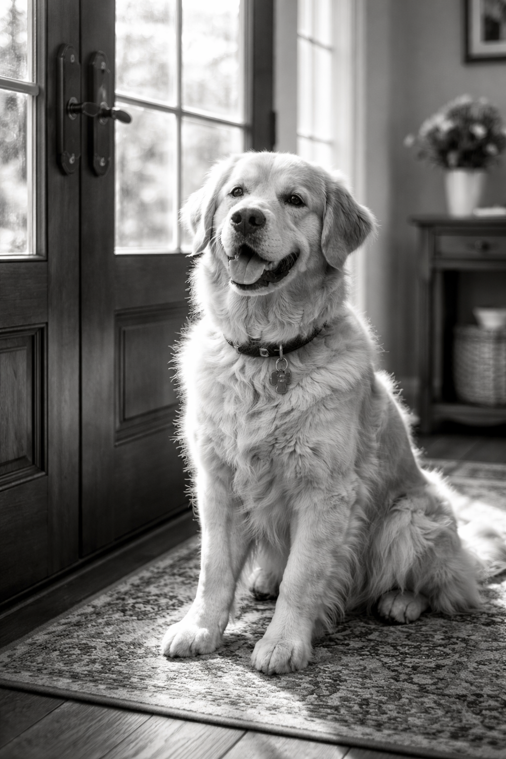 Black and white photo of a happily smiling Golden Retriever dog sitting on a patterned rug in front of a glass door inside a home, with a side table and a flower vase in the background.