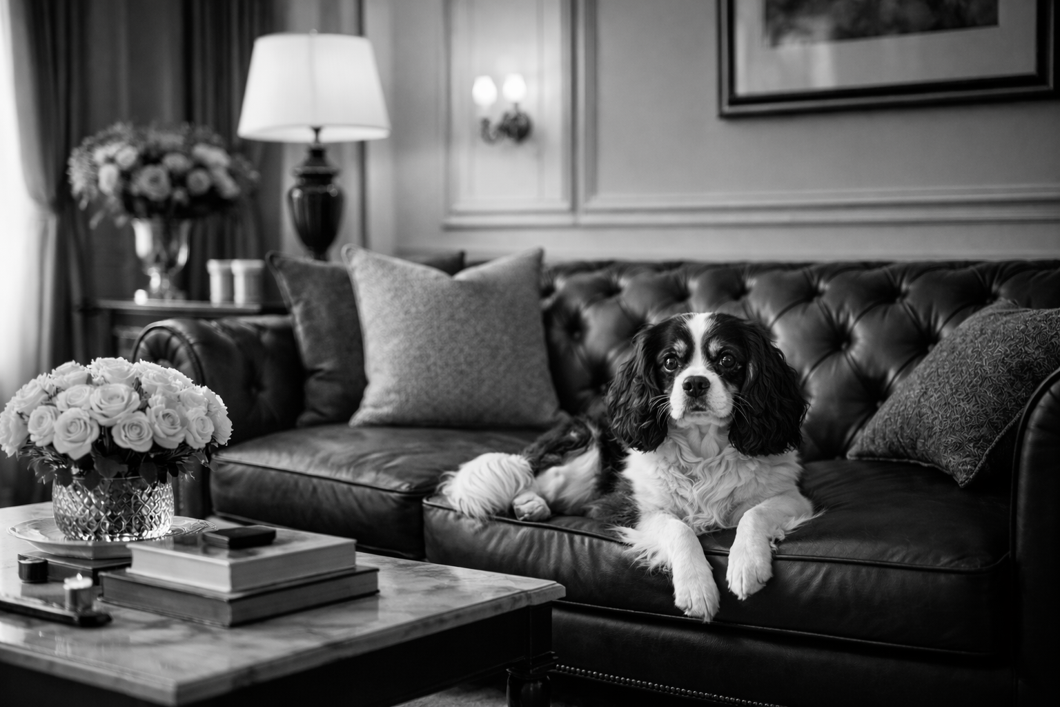 A black and white photo of a living room with a dog lying on a leather sofa, surrounded by flowers in vases and cushions.