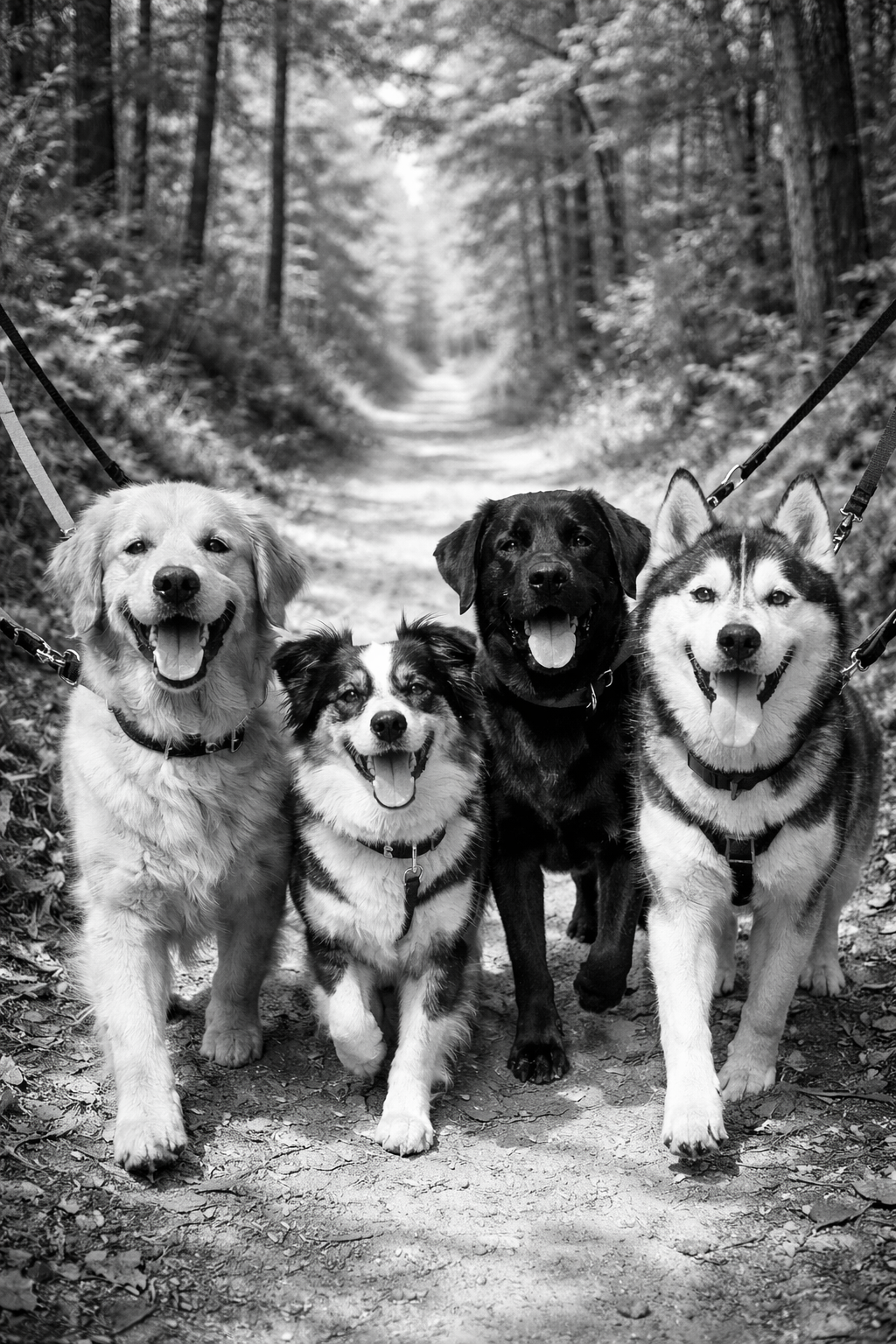 Four happy dogs on a forest trail, with trees on either side, in black and white.