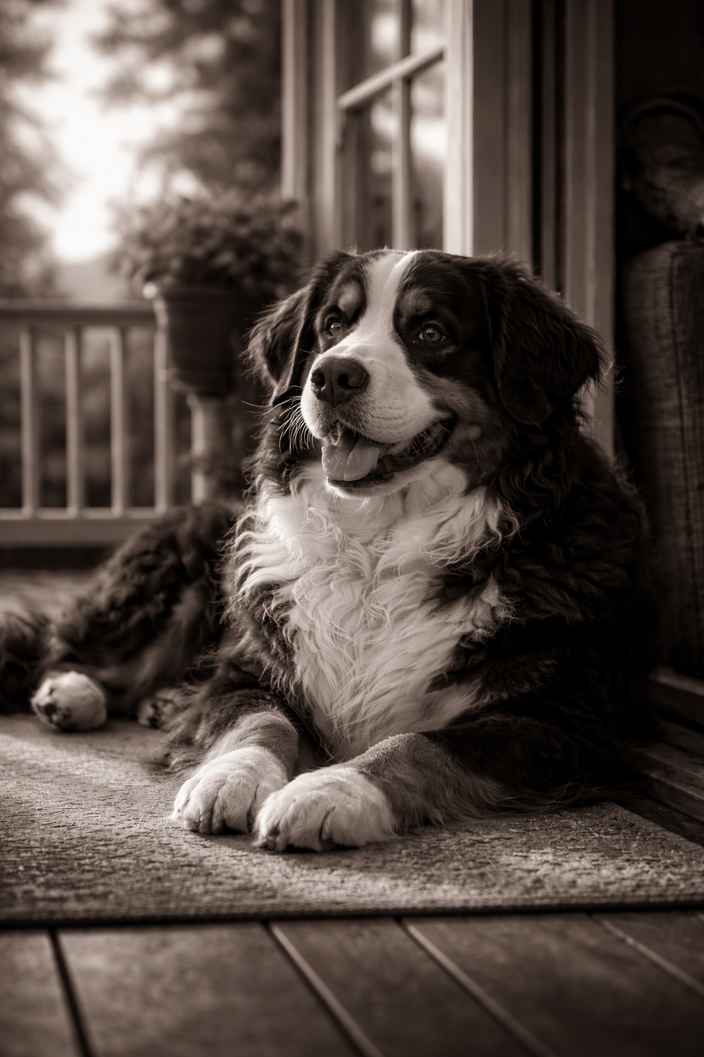 A happy Bernese Mountain Dog lying on a porch floor next to a wall, with a potted plant and railing in the background, captured in black and white.