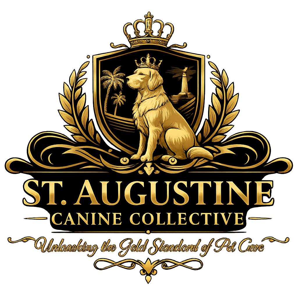 Gold and black crest with a dog wearing a crown, palm trees, and lighthouse. Text reads 'St. Augustine Canine Collective' and 'Uncovering the Gold Standard of Pet Care'.