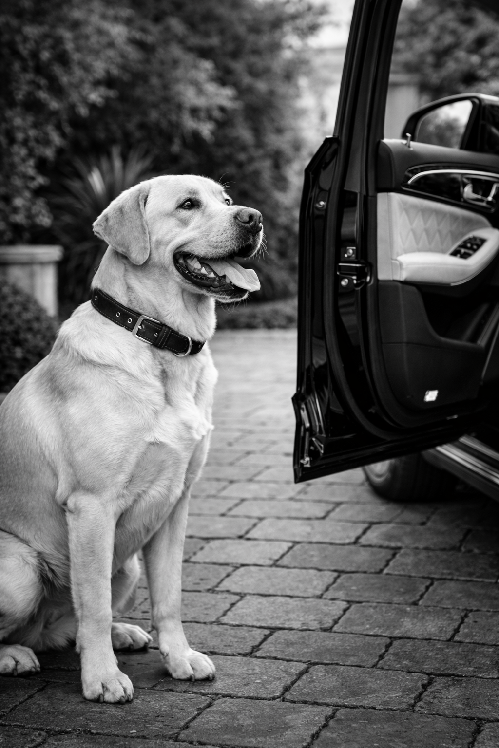 A Labrador Retriever dog sitting on a paved driveway next to an open car door, with trees and bushes in the background, in black and white.