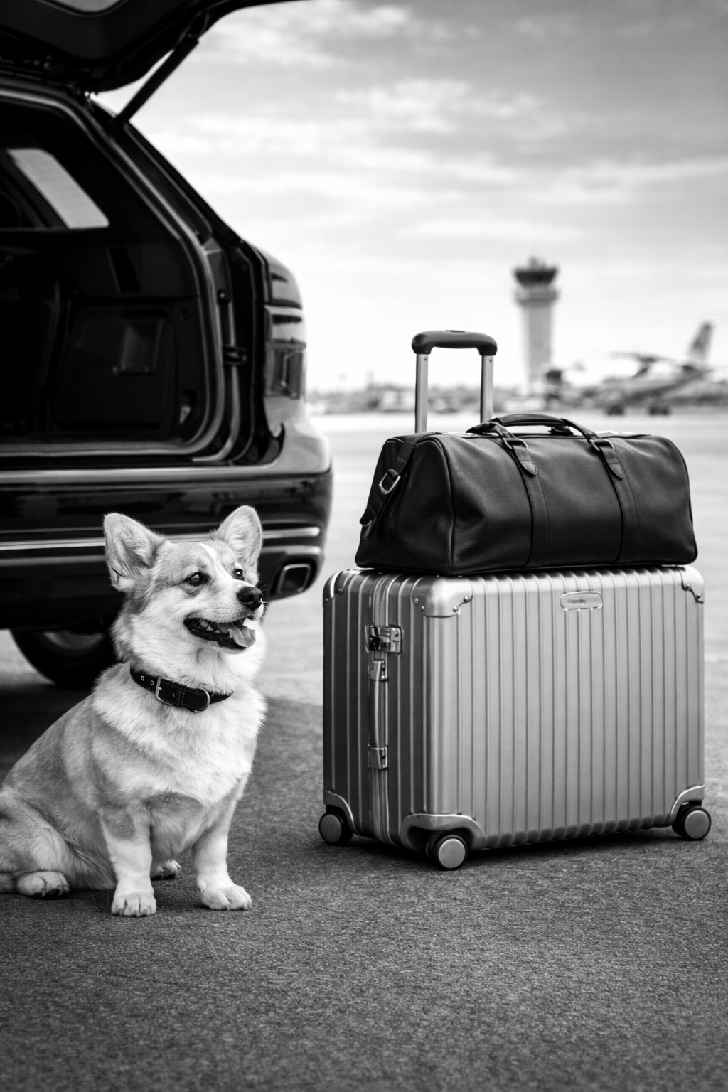 A small dog sitting on the tarmac beside a large suitcase and a duffel bag at an airport, with an airplane and control tower in the background.