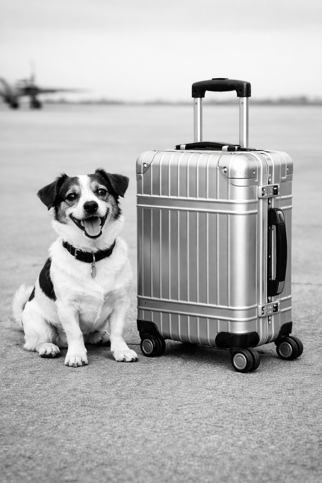 A happy dog sitting next to a rolling suitcase on an airport tarmac with an airplane in the background.