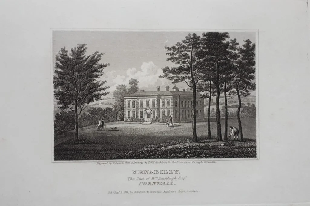Old black and white engraving of a large mansion surrounded by trees and people in the front yard, labeled 'MENABILLY, The Seat of Mr. Rashleigh Esqr., Cornwall'.
