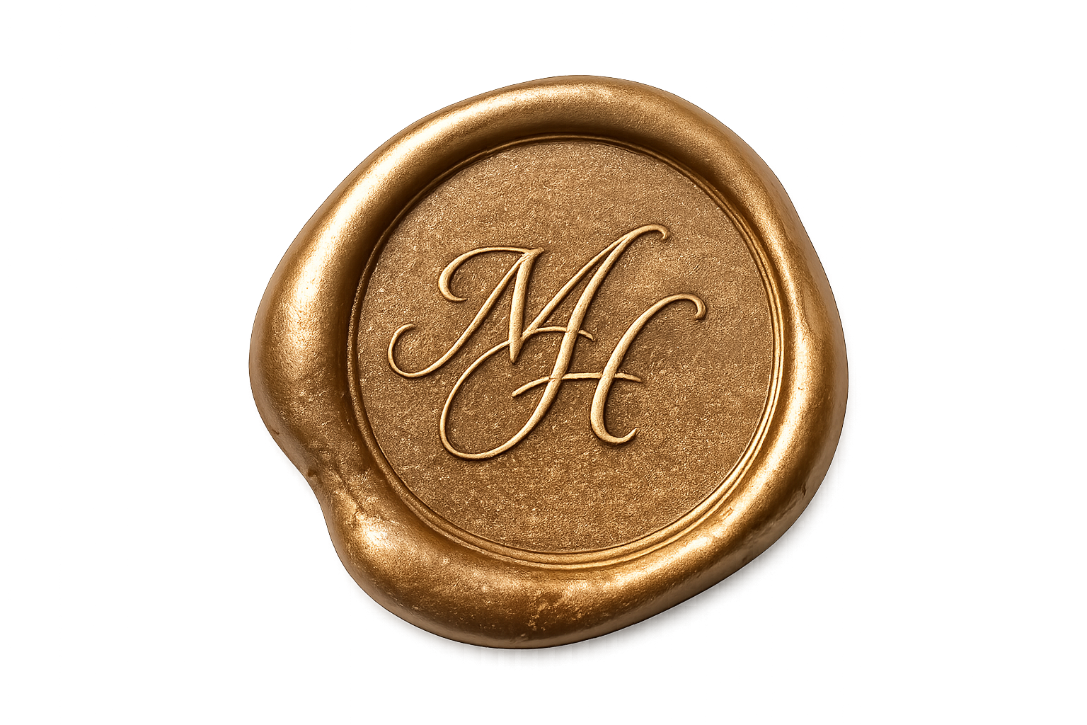 A gold wax seal with the engraved initials 'AH' in cursive script.