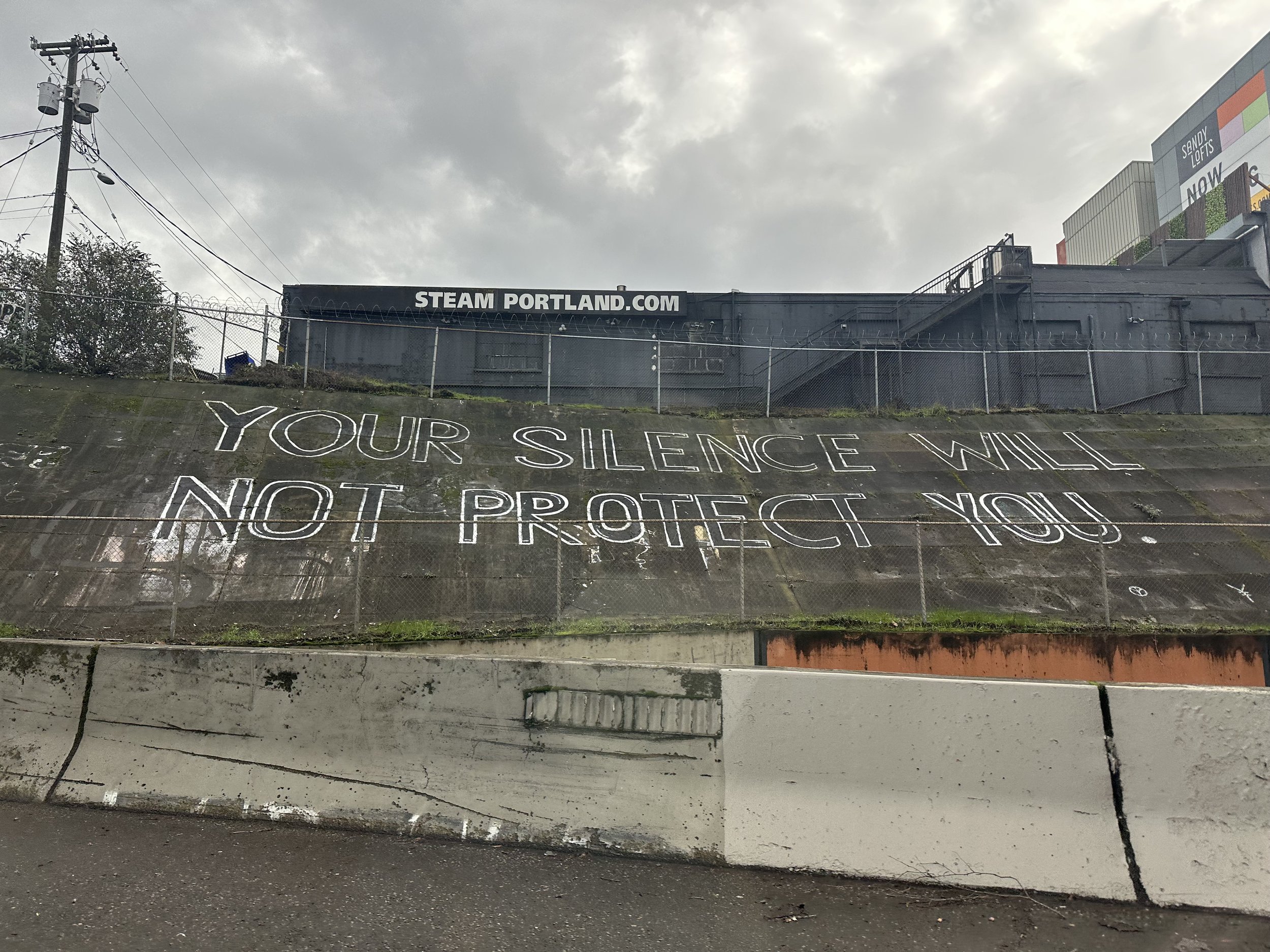 A large graffiti message painting written on a concrete slope in Portland, Oregon reads: 'YOUR SILENCE WILL NOT PROTECT YOU.' Above, there is a chain-link fence and industrial buildings, with a cloudy sky overhead.