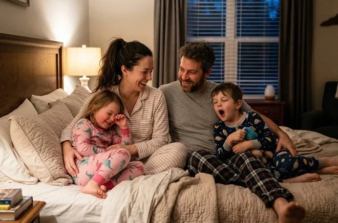 Family of 4 sitting on a bed ready for bedtime.